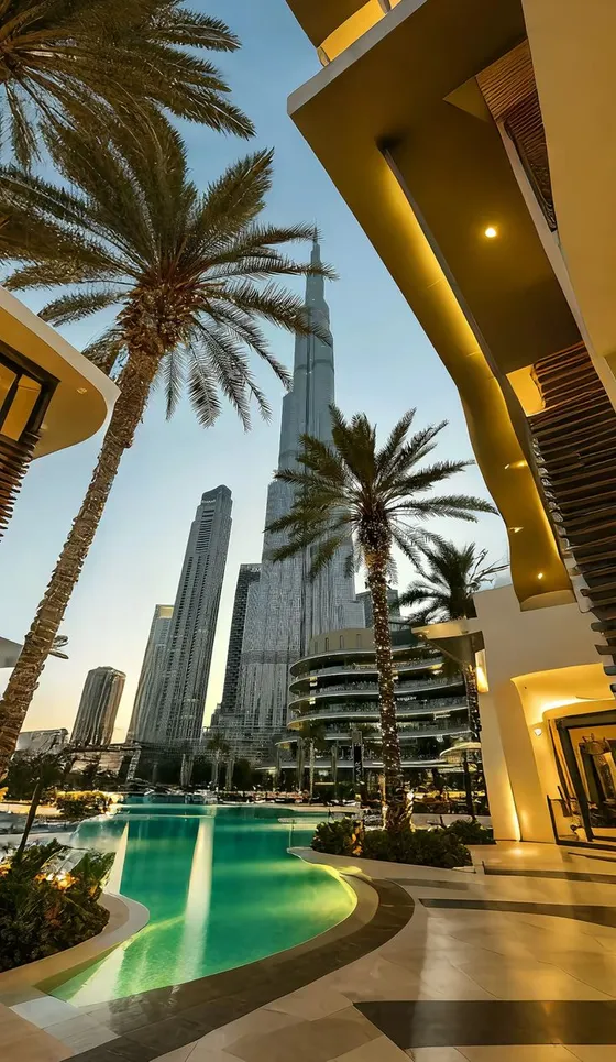 Palm-lined pool beneath city towers